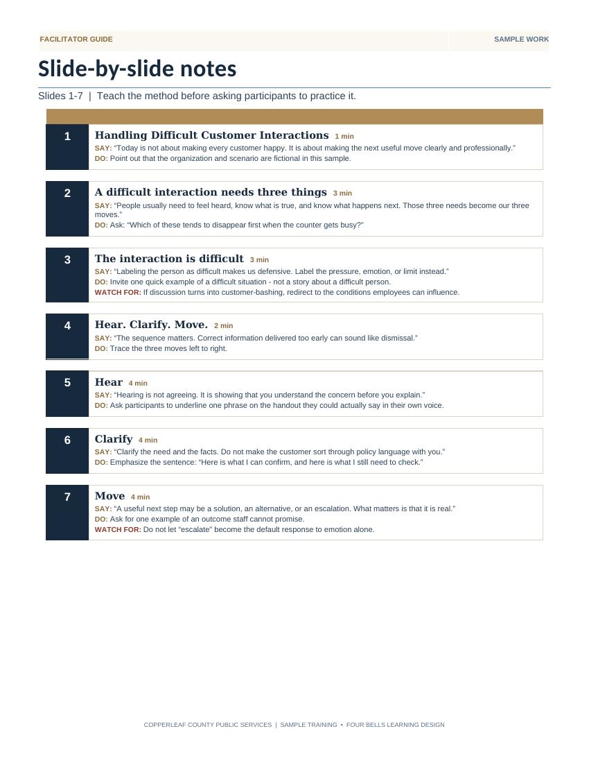 Facilitator guide slide-by-slide notes with SAY, DO, and WATCH FOR prompts for each slide