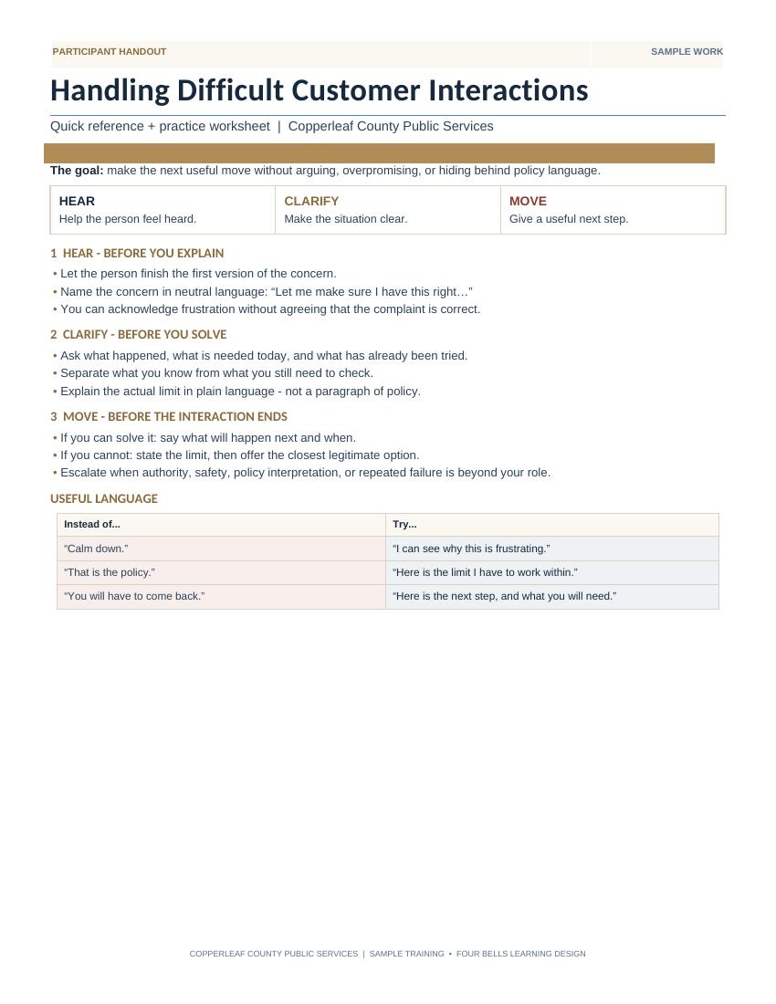 Participant handout with the Hear, Clarify, Move quick reference and a language comparison table